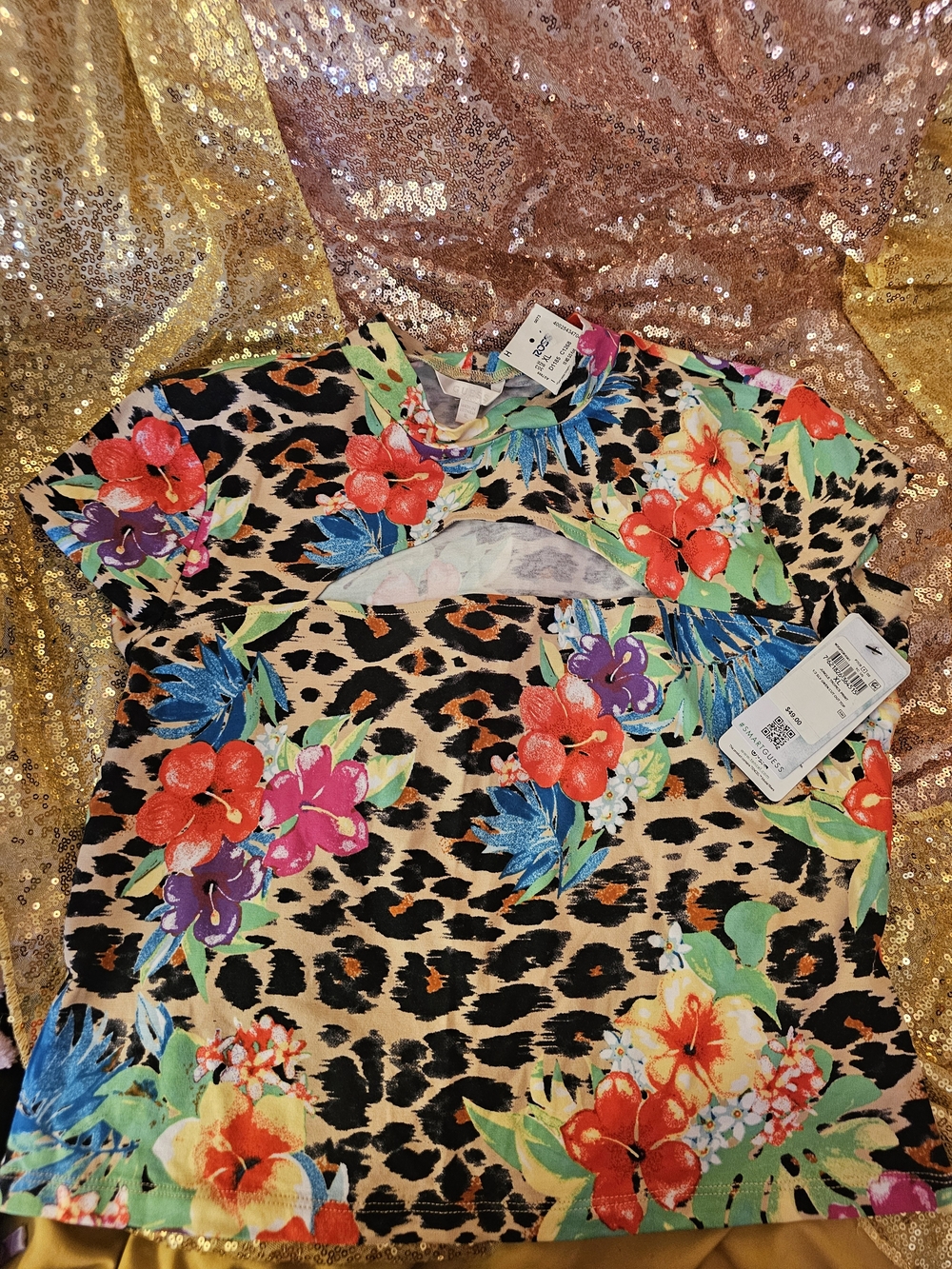 Guess Women's Floral Leopard Print Short Sleeve Tee - Multicolor